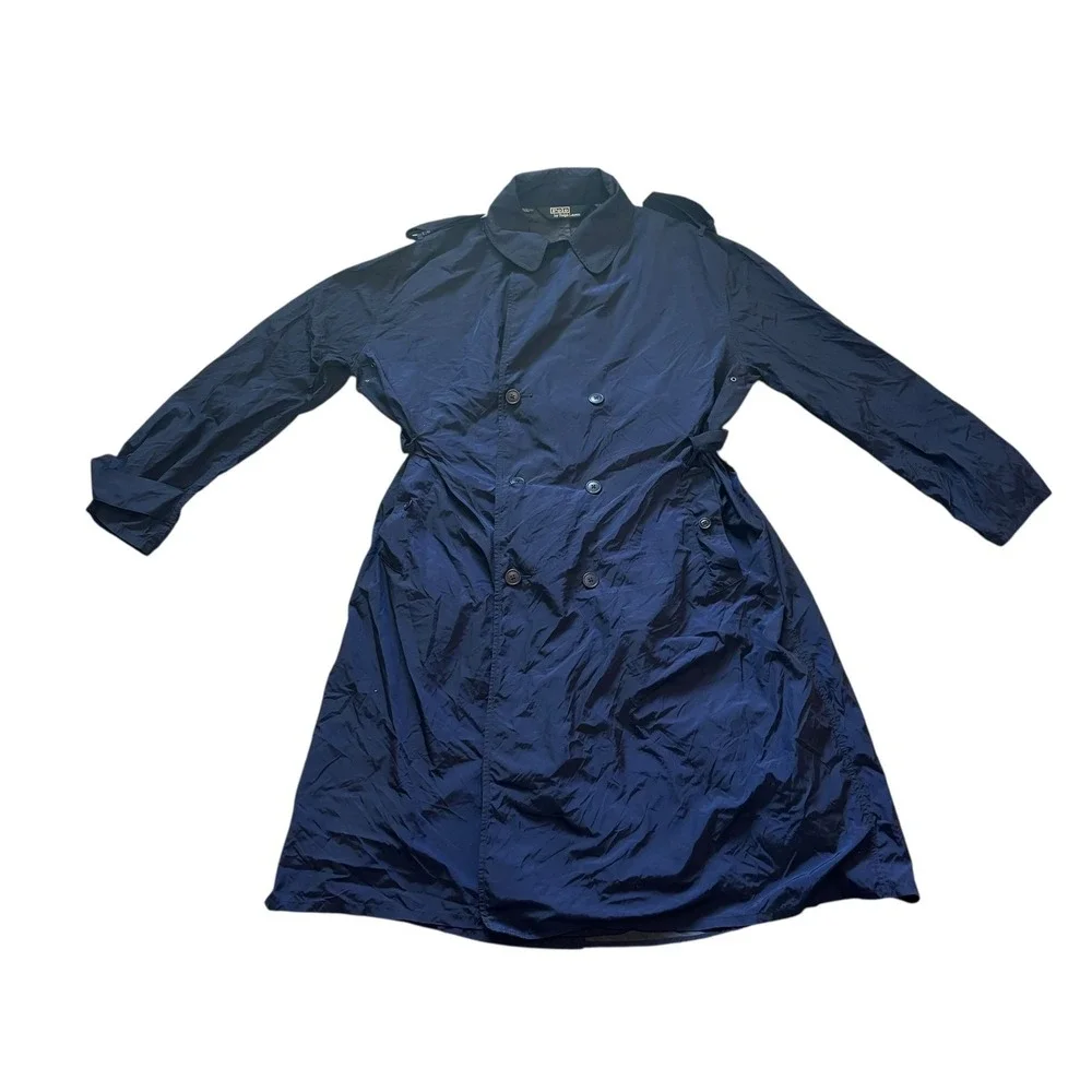 Polo Ralph Lauren Mens Navy Blue Nylon Double Breasted Trench Coat XL Epaulets‎